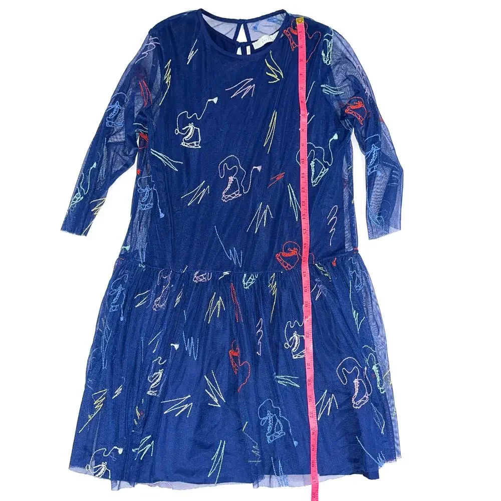Stella McCartney Kids Girls Navy Blue Embroidered Skates Tulle Dress Size 12